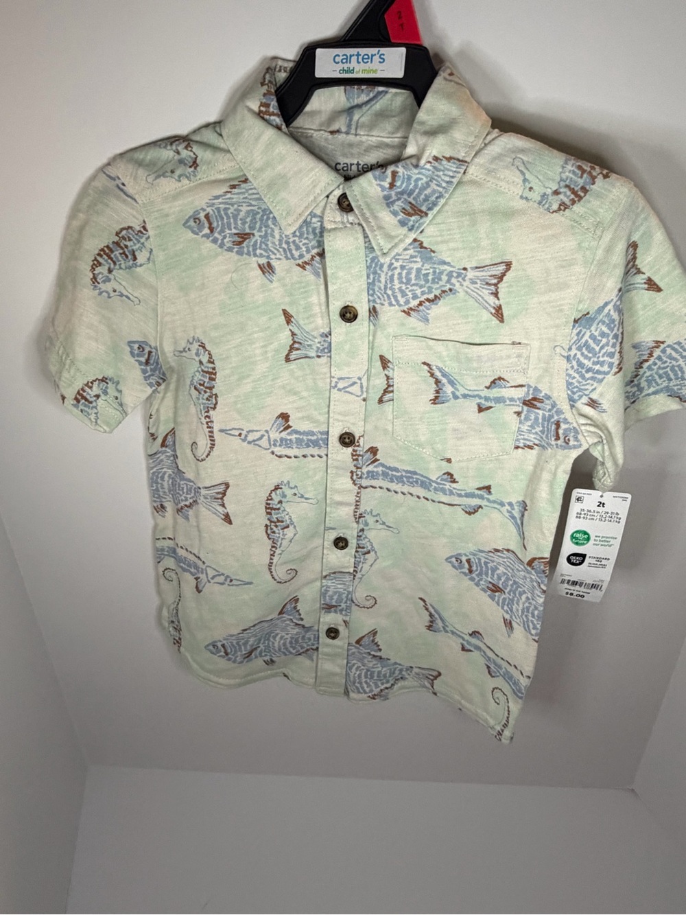 Carter's Mint Green Short-Sleeve Button-Up with Blue & Brown Sea Life